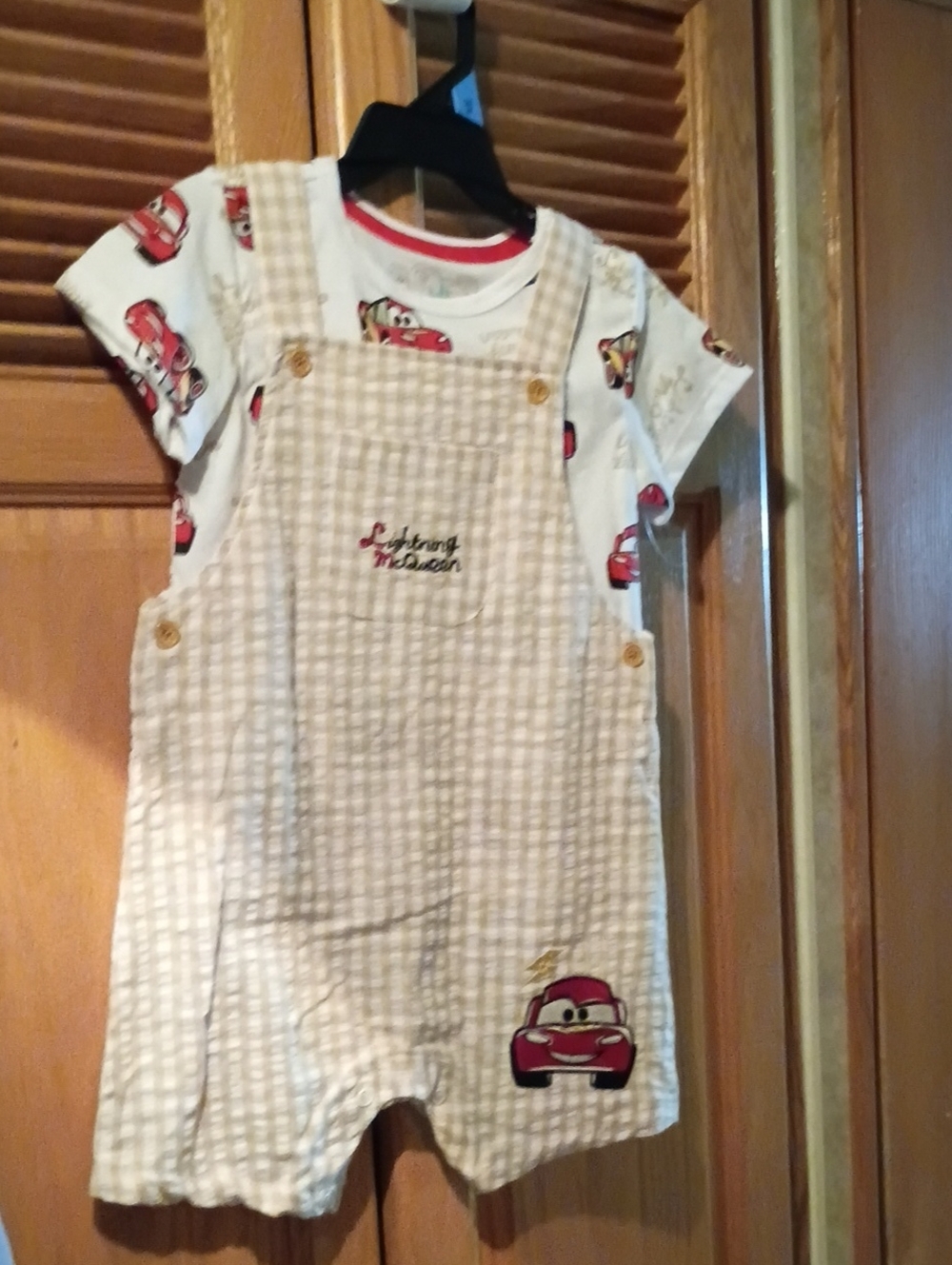 Boys Disney Beige Gingham Lightning McQueen Overall Set